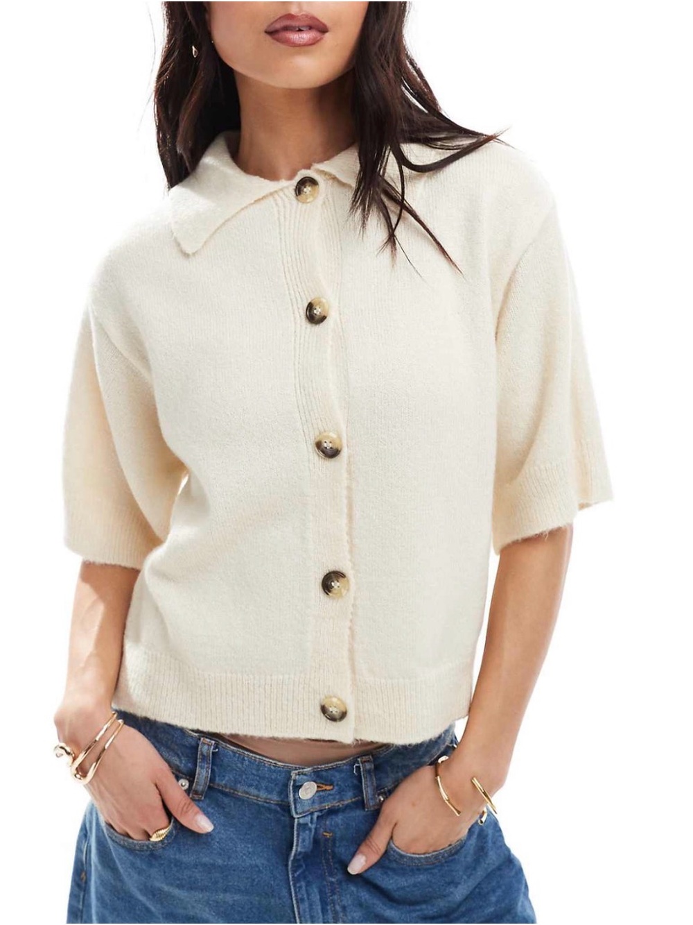 ASOS Cream Short-Sleeve Button Cardigan